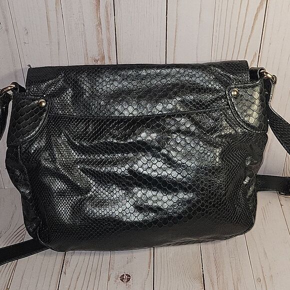 Cole Haan Black Snake Print Leather Crossbody Messenger Bag - Picture 7 of 12